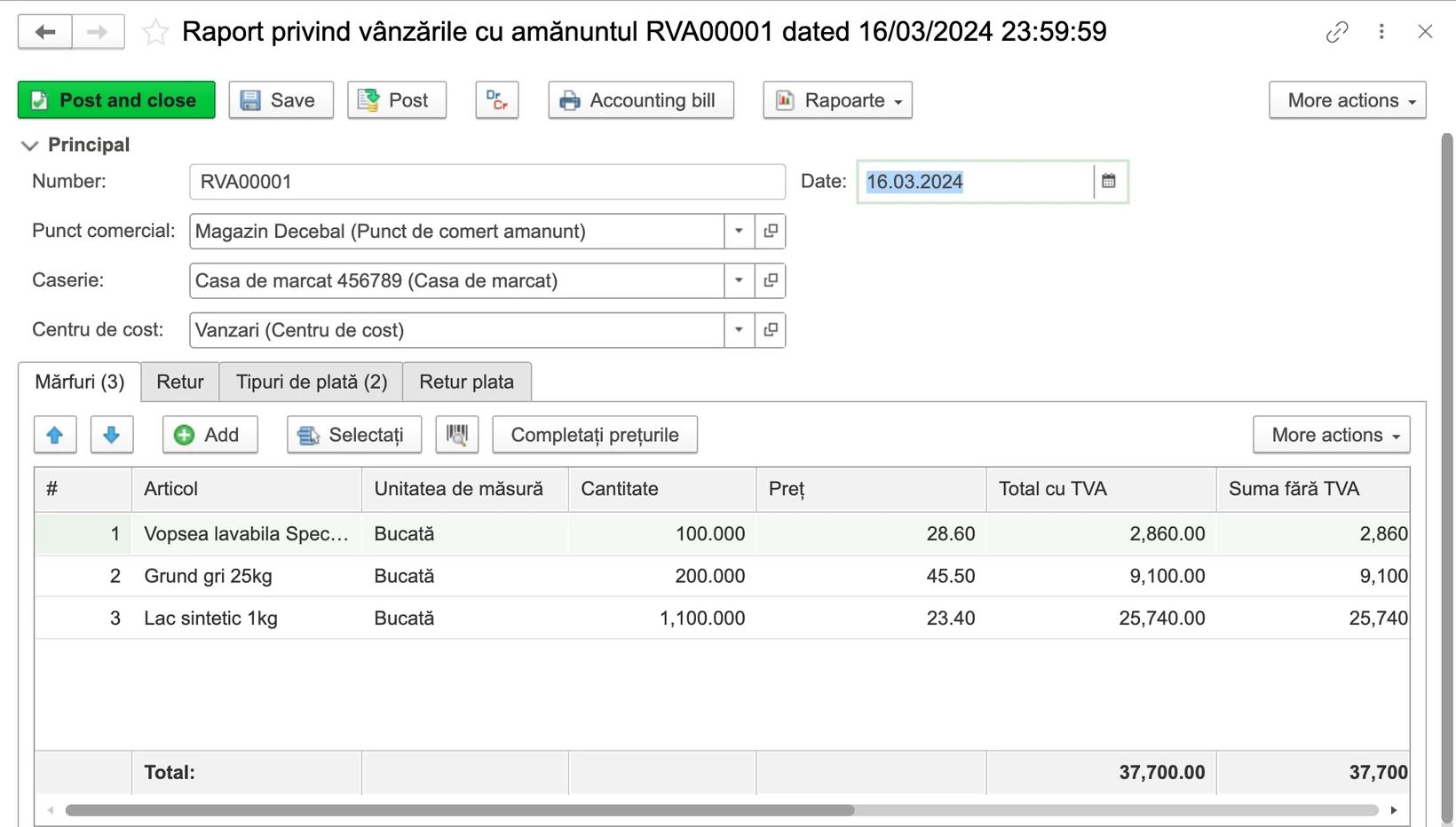 Raportul zilnic de vânzări cu amănuntul în OneConta (bază de date demo).