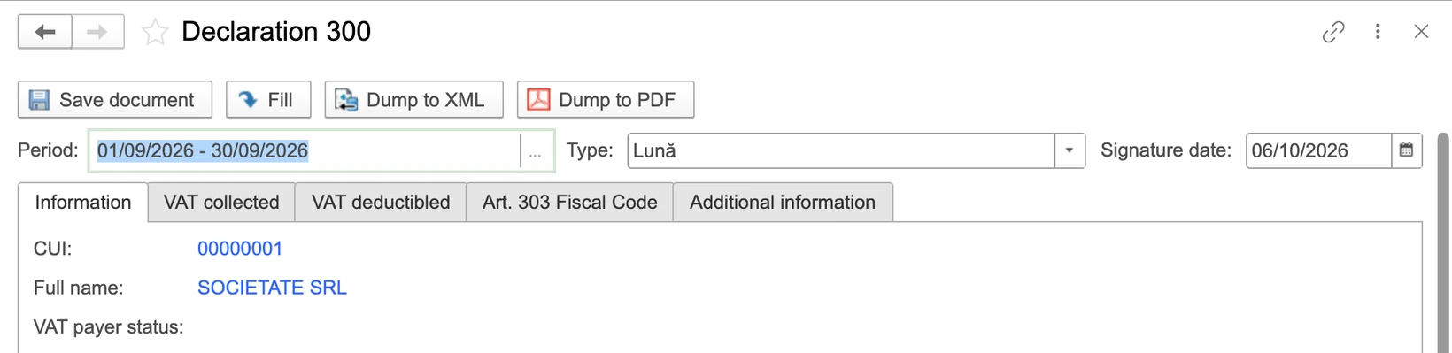 Declarația 300: completare din date și export în XML sau PDF.
