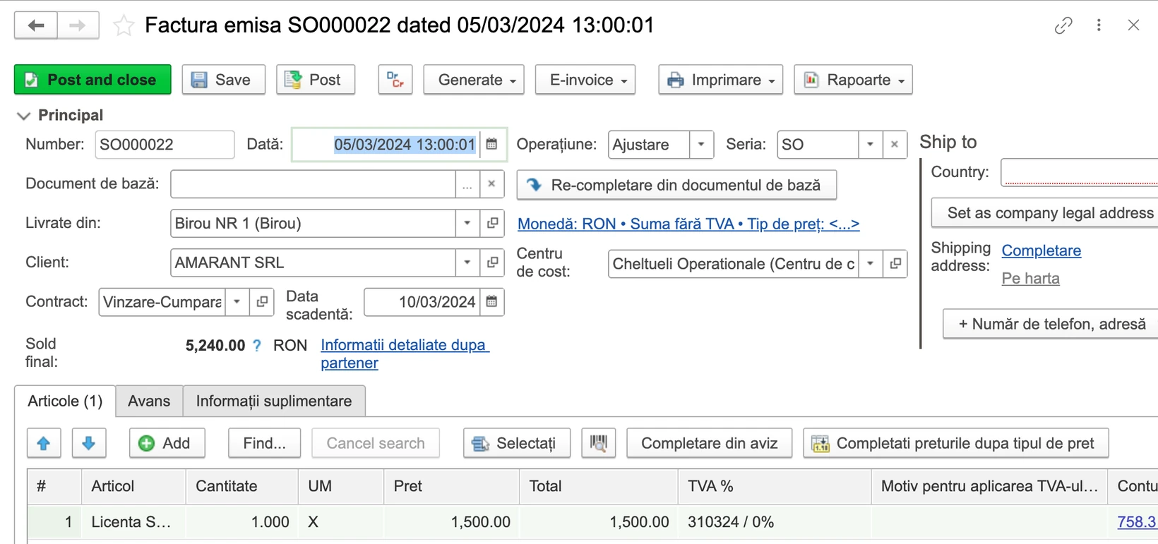 Factura emisă în OneConta: client, articole, TVA și conturi contabile, cu meniul e-Factura.