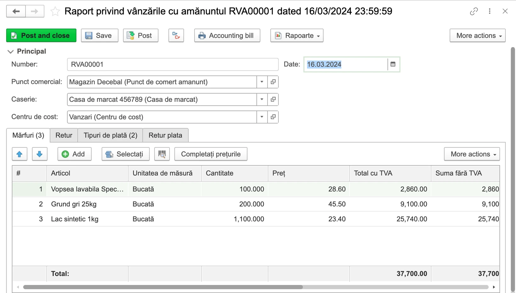 Raportul zilnic de vânzări cu amănuntul pentru un magazin și o casă de marcat.